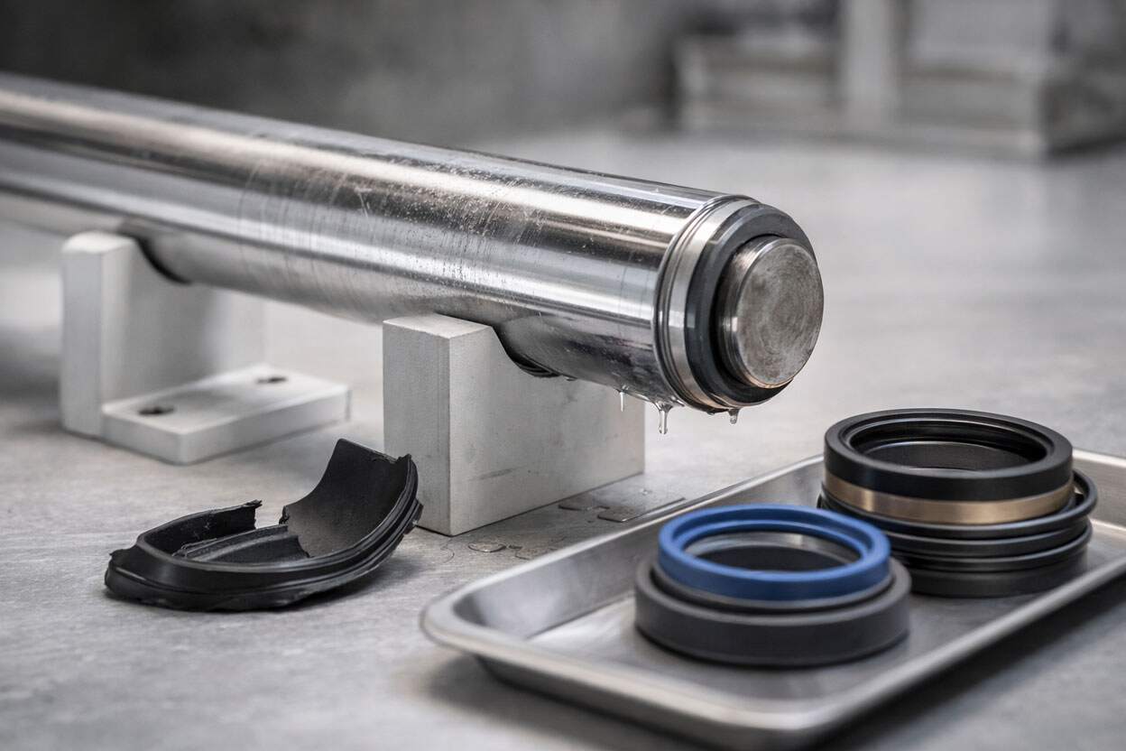 Hydraulic cylinder failure example: scored rod, damaged wiper and seal stack