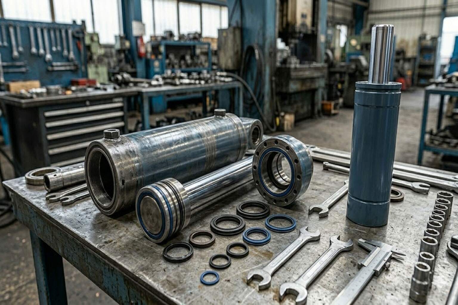 Hydraulic cylinder rebuild vs replacement comparison showing disassembled parts and complete unit