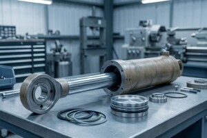 Hydraulic cylinder under inspection showing polished rod and seal area in workshop
