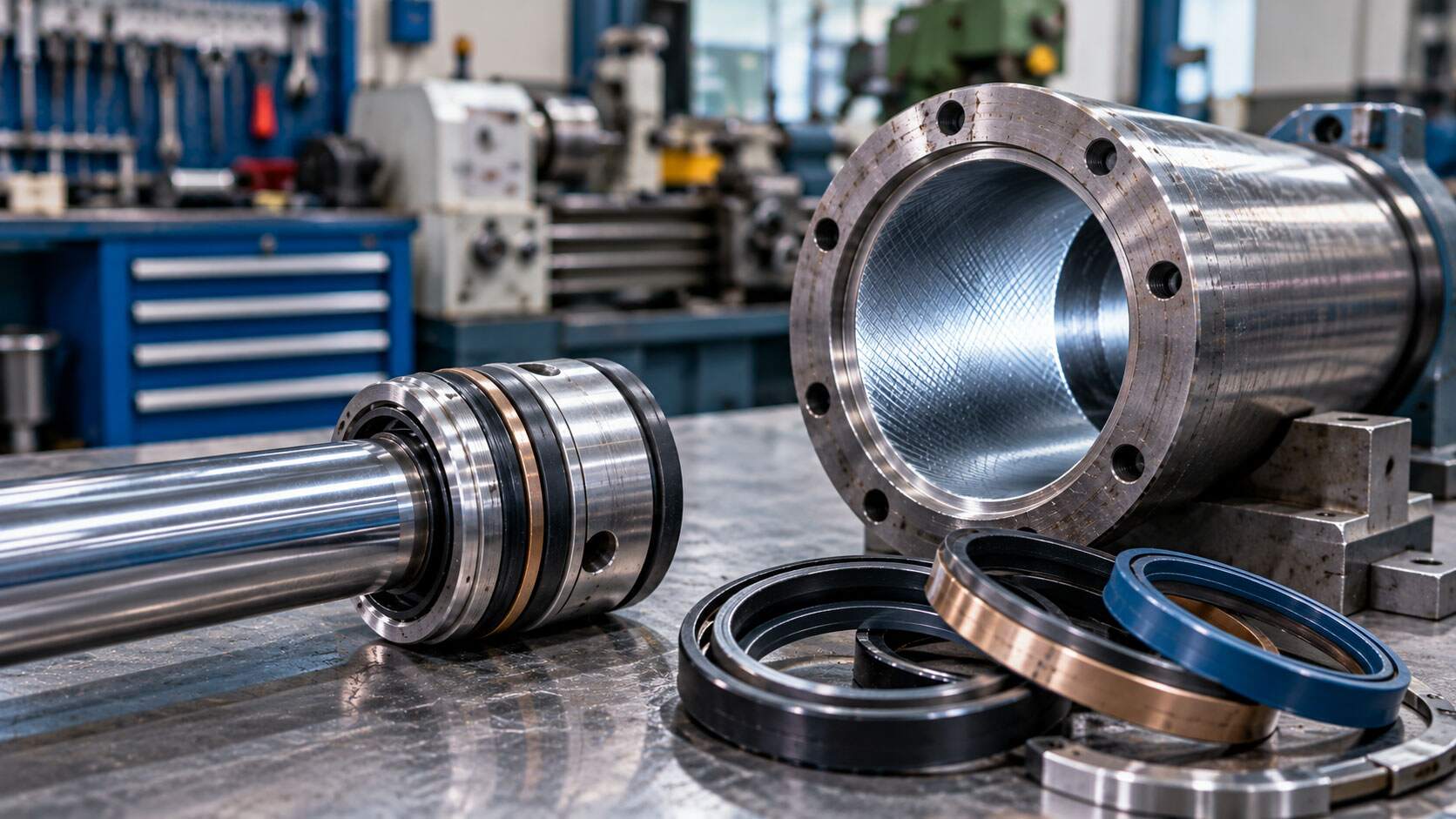 Hydraulic cylinder barrel and piston sealing components being inspected