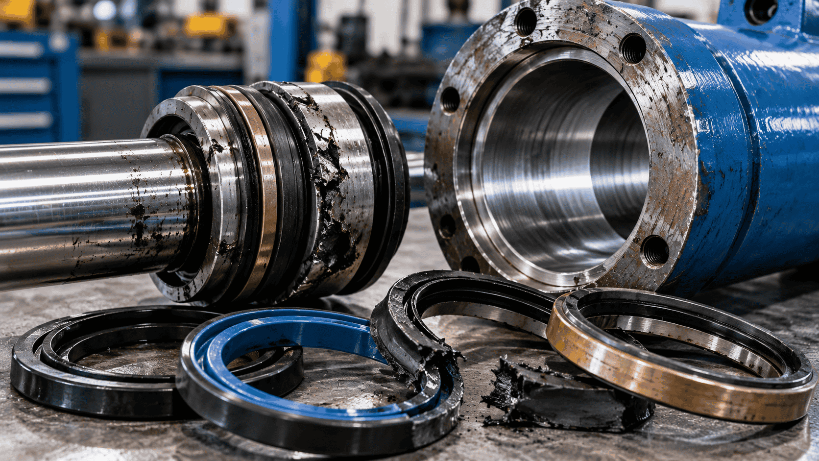 Dismantled hydraulic cylinder components with damaged sealing rings showing signs of hydraulic seal failure
